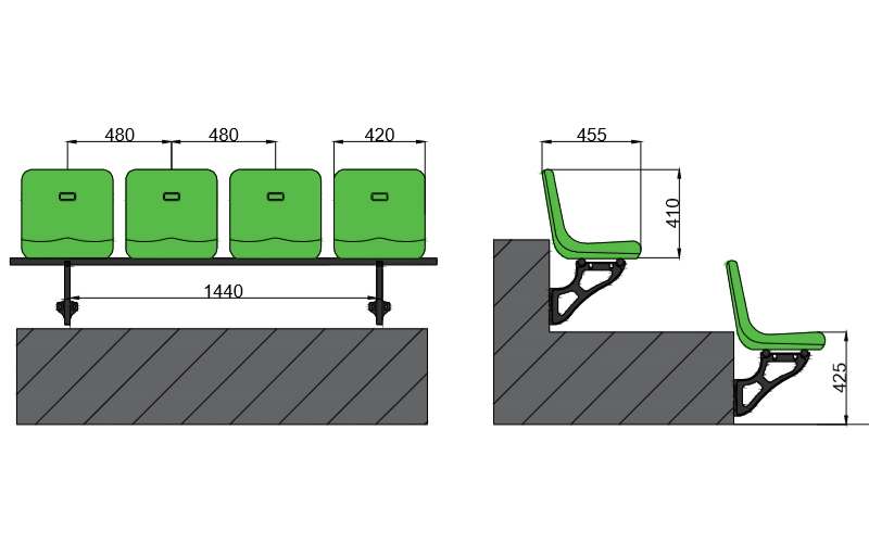 綠蛙中空吹塑側裝高靠背看臺座椅